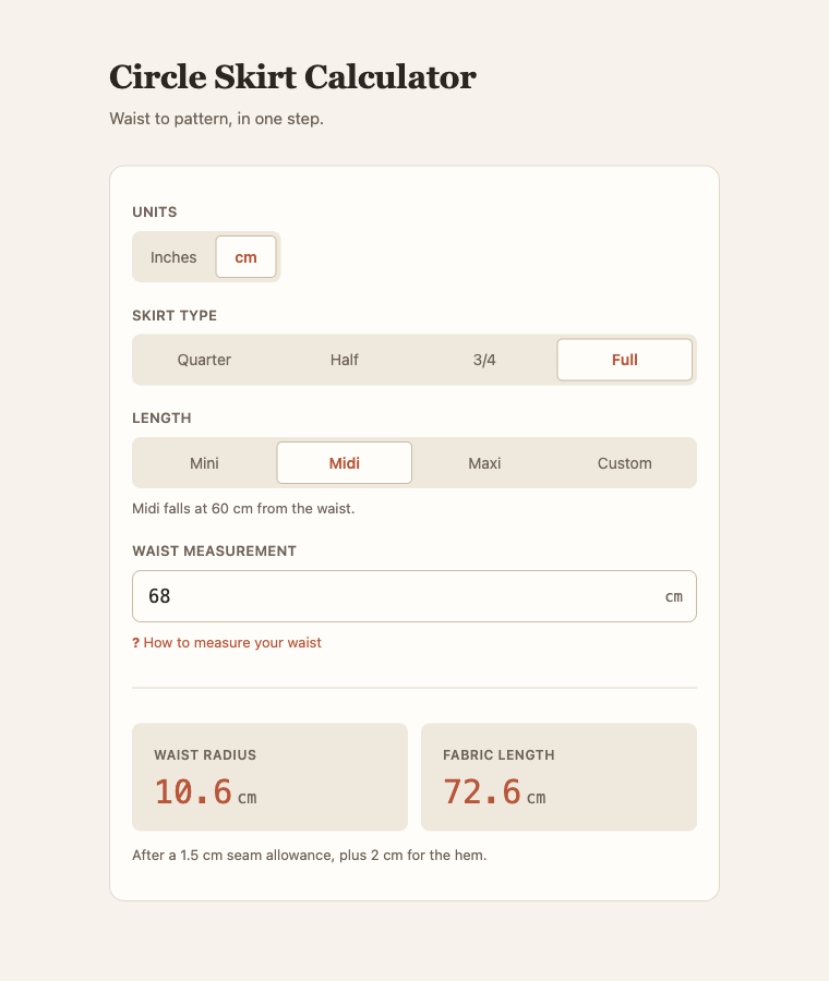 Circle Skirt Calculator screenshot
